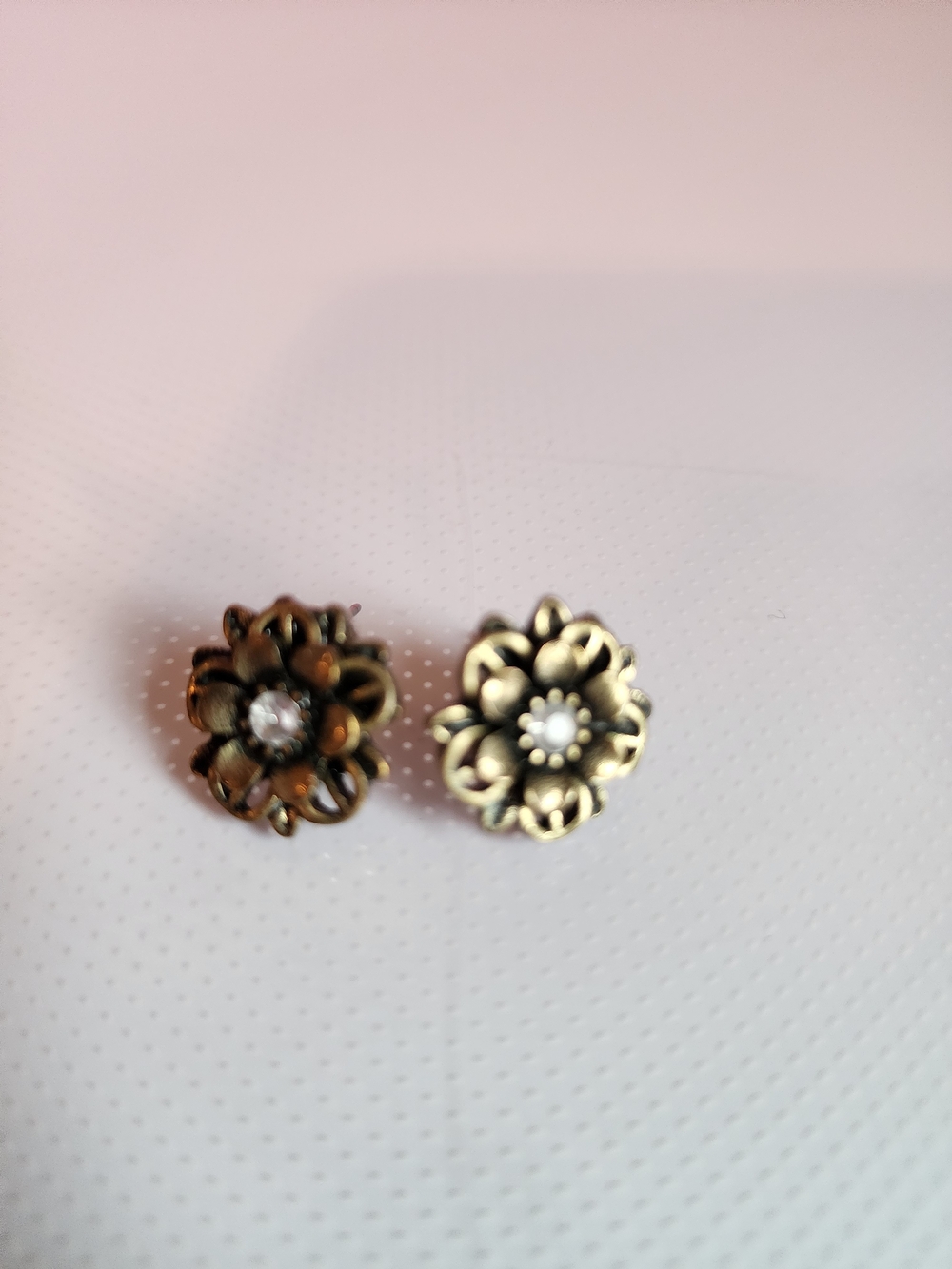 Antique Brass Floral Stud Earrings with Crystal Center